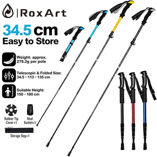 RoxArt ไม้เท้าเดินป่า ไม้เท้าเดินป่าแบบอลูมิเนียมอัลลอยด์สำหรับกลางแจ้ง ปรับความสูงได้ โช้คอัพ ด้ามจับแนวตั้ง