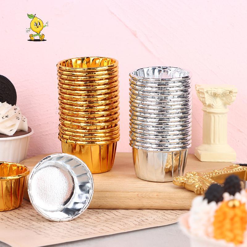 [mozh-t] 50 ชิ้นมินิคัพเค้กฟอยล์ Cupcake Wrapper กระดาษทองเงิน Cupcake ถ้วยอบ