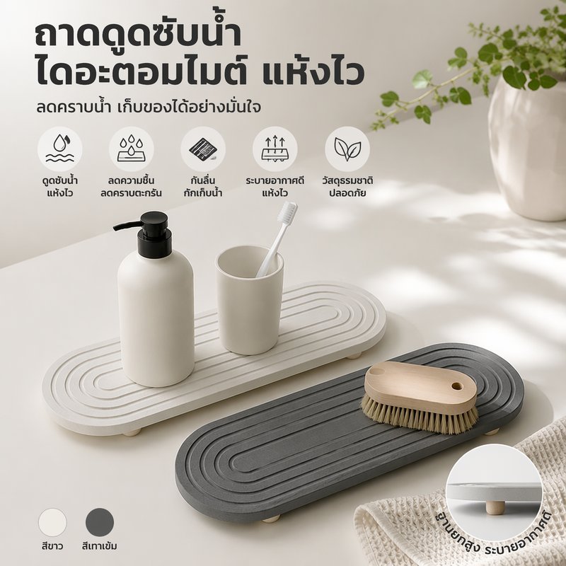 ถาดดูดซับน้ำไดอะตอมไมต์ แผ่นรองสบู่ แผ่นรองแก้ว แห้งเร็ว กันลื่น พร้อมขาตั้งไม้ ห้องน้ำ ครัว