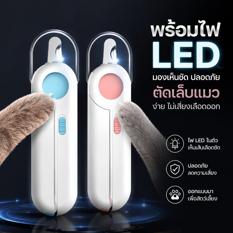 กรรไกรตัดเล็บสุนัข แมว ไฟLED ตะไบเล็บในตัว ใบมีดสแตนเลส ด้ามจับกันลื่น ปลอดภัย