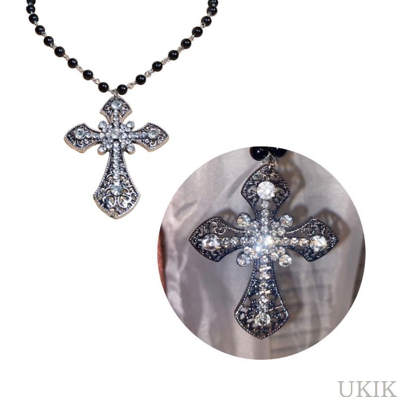 UKIK Pearl Beaded Necklace Gothic Punk Cross Necklace Retro Cross Pendant Necklace