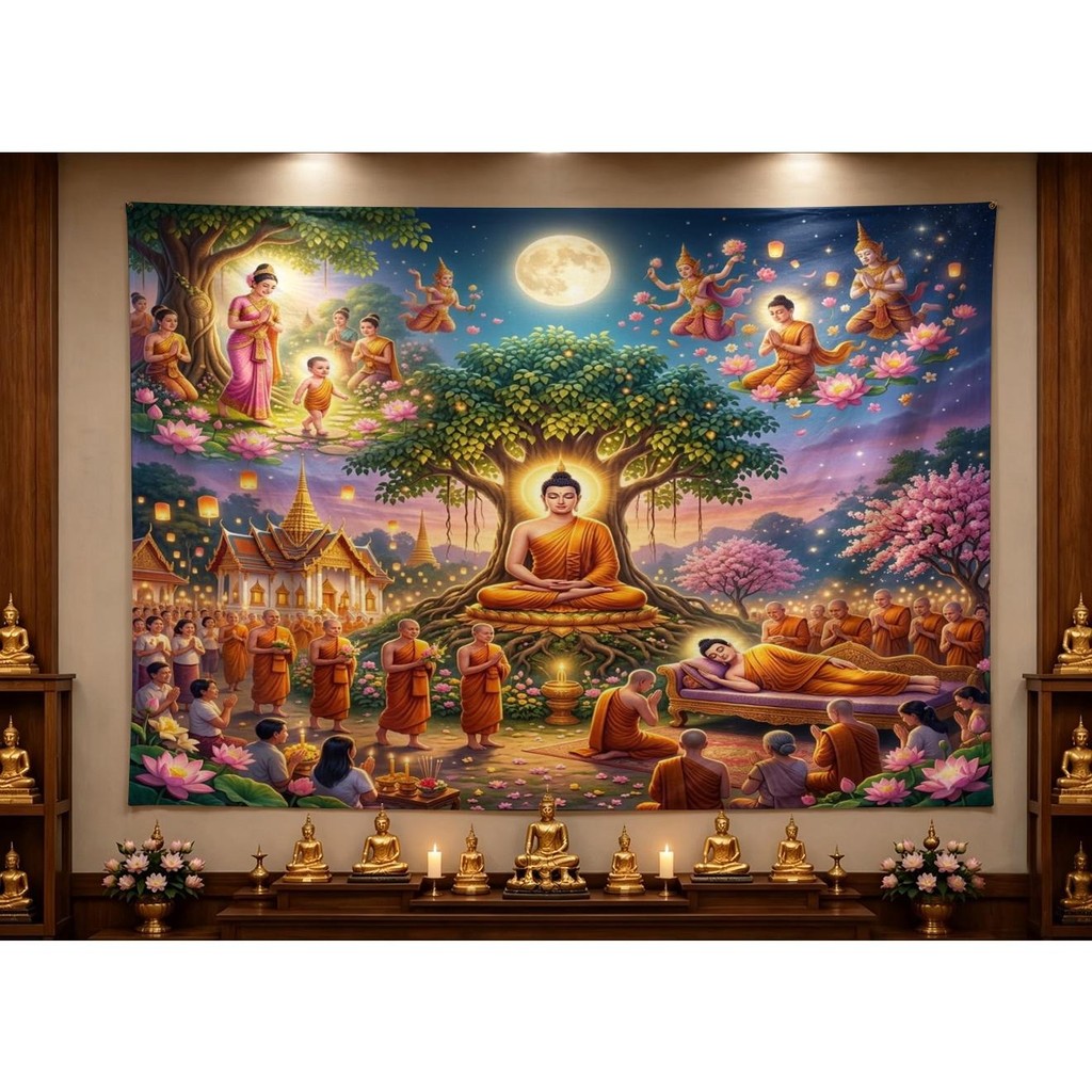 แท่นบูชาวิสาขบูชา ภาพพระพุทธประวัติเต็มชุดใต้ต้นโพธิ์ ความเชื่อทางศาสนา