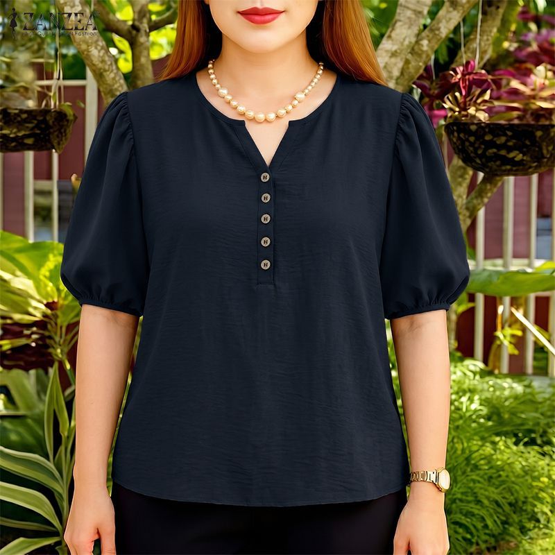 ZANZEA ผู้หญิงเกาหลีหวาน Elegant Crew V คอพัฟแขนครึ่งปุ่มหลวมเสื้อธรรมดา — صورة 4