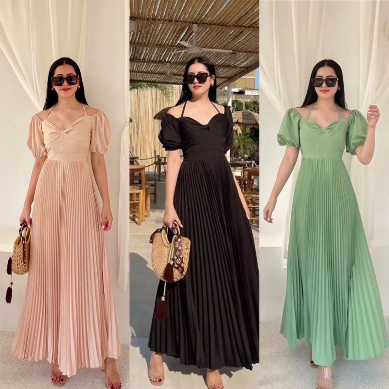 D1555 DAYANG สไตล์เกาหลี PLISKET VINTAGE MAXI DRESS SIMPLE PLAIN PANATI SABRINA