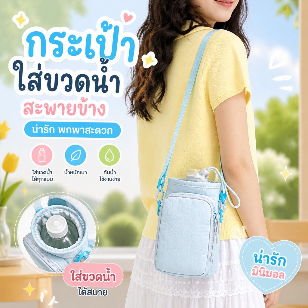 กระเป๋าสะพายข้าง ใส่มือถือ ใส่ขวดน้ำ ผ้าไนลอนกันน้ำ น้ำหนักเบา หลายช่อง สายปรับได้
