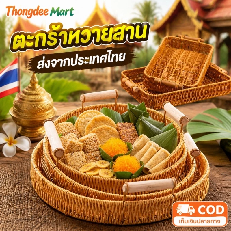 ตะกร้าหวายสาน ถาดหวายเปีย พร้อมที่จับ ทรงกลม สี่เหลี่ยม ถาดใส่ขนม ถาดขนมปัง พร้อมส่ง