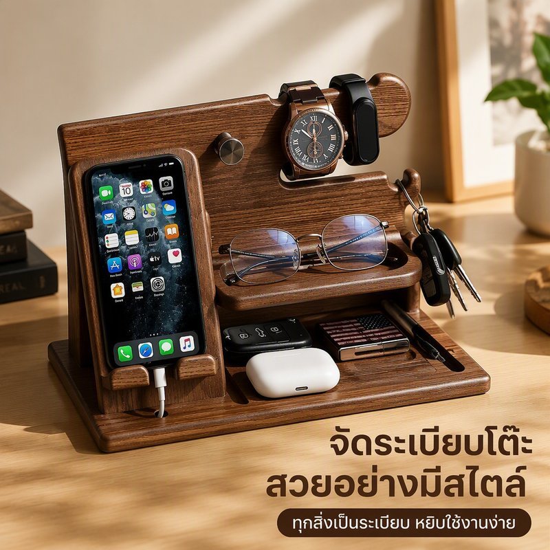 ชั้นวางของไม้บนโต๊ะ 2 ชั้น สีวอลนัทอ่อน ที่วางมือถือ นาฬิกา หูฟัง จัดระเบียบโต๊ะ