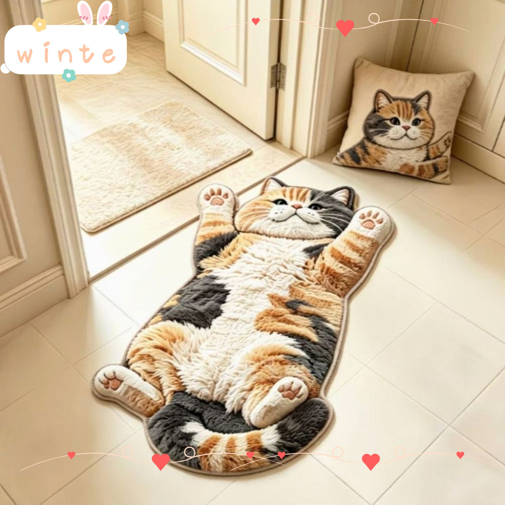 WINTE พรมตกแต่งบ้าน, พรมพื้นที่รูปแมวป้องกันการเปรอะเปื้อน 2D, นุ่มทําความสะอาดง่ายพรมกันลื่นการ์ตูนพรมห้องนั่งเล่น