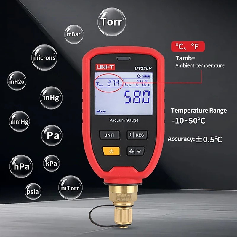 อัปเดต!NewUNI-T มาตรวัดสูญญากาศไร้สาย UT336V 1-19000 ไมครอนดิจิตอล Cooling สูญญากาศเมตรมือถือ APP กา