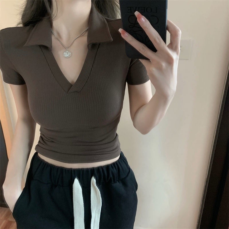 【ks0979.th】 夏季polo衫短袖正肩T恤女新款短款上衣辣妹ins设计感小众修身Crop Top Women Korean Style Slim-Fit Short Sleeve Spice 