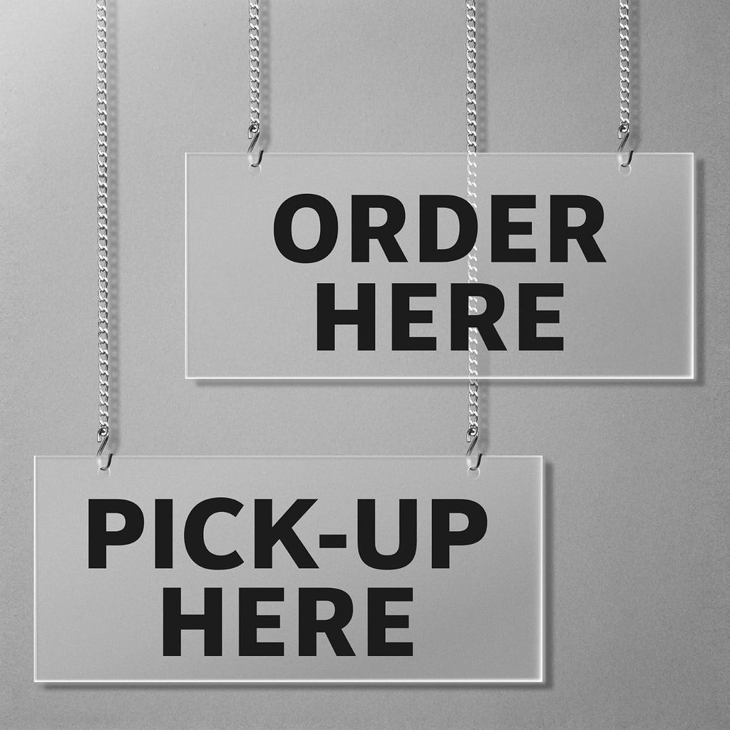 สั่งซื้อป้ายที่นี่ 2PK อะคริลิคแขวน Order & Pick-Up Here Signs, 13.5" x 6" Frosted Back, รวม 4 ตะขอ,