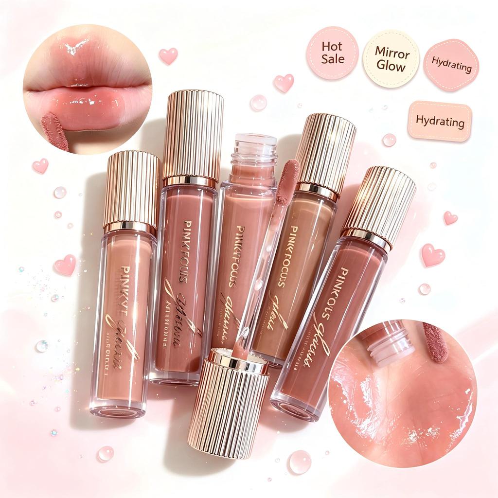 Pink Mirror GlowPinkyfocus Hydrating Mirror Lip Gloss Pink Shade Brightening Lip Color สําหรับผู้หญิง