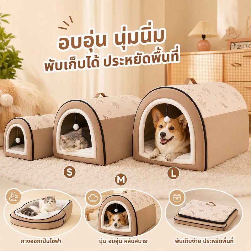 ที่นอนสัตว์เลี้ยง บ้านแมว ที่นอนสุนัข 2in1 พับเป็นโซฟา เบาะถอดซักได้ กันลื่น ผ้า Oxford