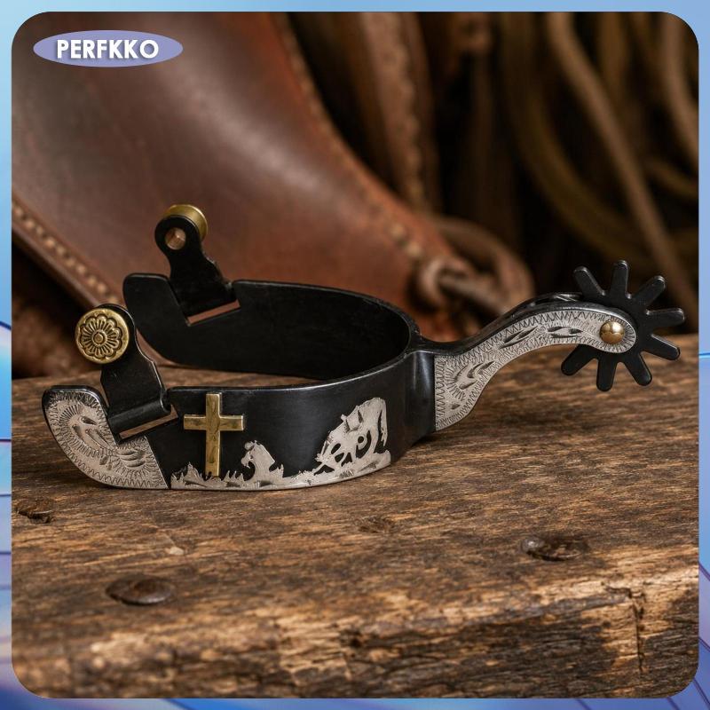 [perfkko] แผ่นเงินเยอรมัน Black Iron Spurs 2 1/4 นิ้ว Shank Western Cowboy Spurs ออกแบบผู้ชาย Horse 