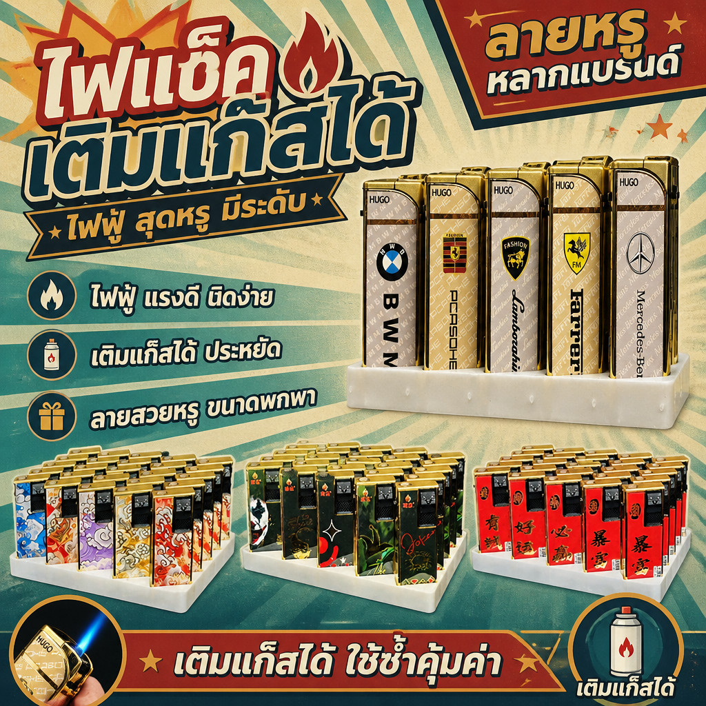 ไฟแช็ค Lighter ไฟฟู่ ลายสวยหลากสี เติมเเก๊สได้(1กล่อง50ชิ้น แบ่งขาย25ชิ้นและ50ชิ้น)