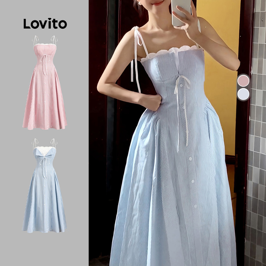 Lovito แคชชวล ชุดเดรสลูกไม้น่ารักสำหรับฤดูใบไม้ผลิ/ฤดูร้อน สีน้ำเงิน สำหรับผู้หญิง เกาหลี อินเทรนด์ L144AD305
