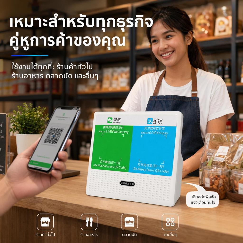 ลำโพงบลูทูธรับเงิน QR โค้ด รองรับ WeChat Pay + Alipay สองระบบ เสียงเตือนแจ้งยอดโอนเข้าเมื่อลูกค้าจ่า