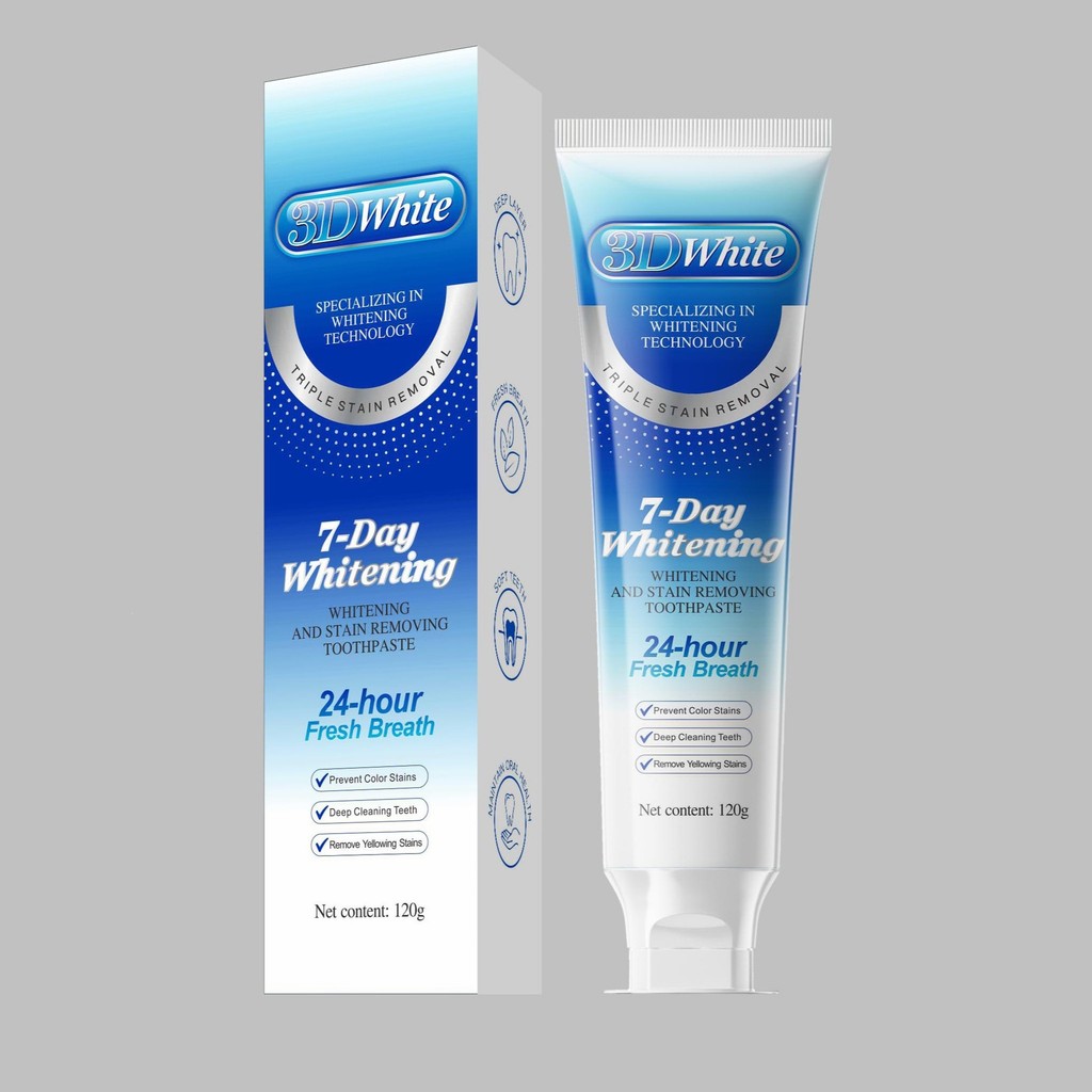 3D ยาสีฟันไวท์เทนนิ่ง Triple Stain Removal ปรับปรุงฟันเหลือง 24 ชั่วโมงลมหายใจสดชื่น 120g QTEP