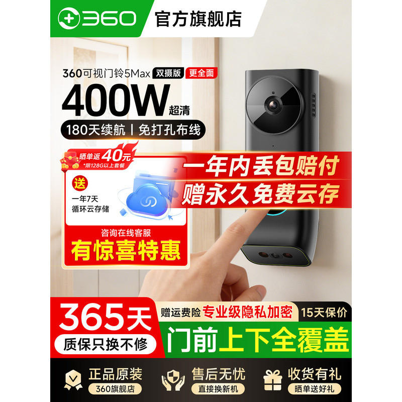 กล้องวิดีโออัจฉริยะ 360 องศา 5Max พร้อมกล้องคู่ กล้องส่องผ่านประตูอิเล็กทรอนิกส์แบบไร้สายสำหรับประตู