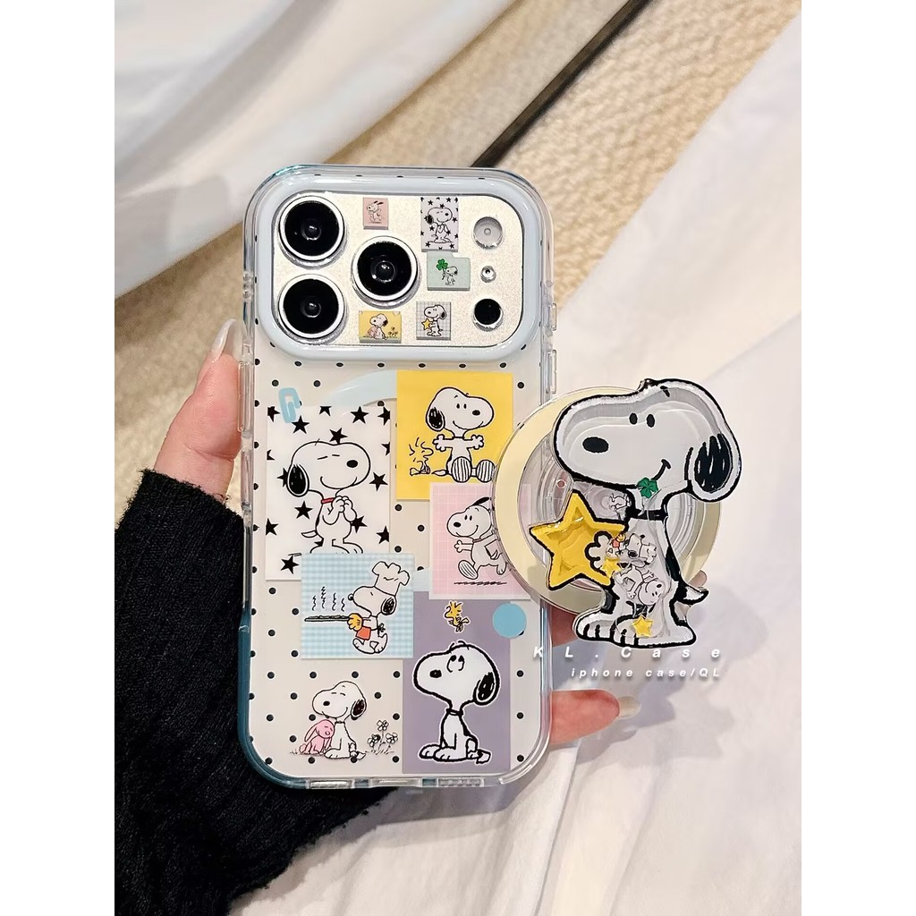 Polka Dot Snoopy Shaking Music Magnetic Bracket Samsung S22 S23 S24 S25 S26 FE Ultra เคสโทรศัพท์ S25FE เคสป้องกัน A56 A55 กรณี
