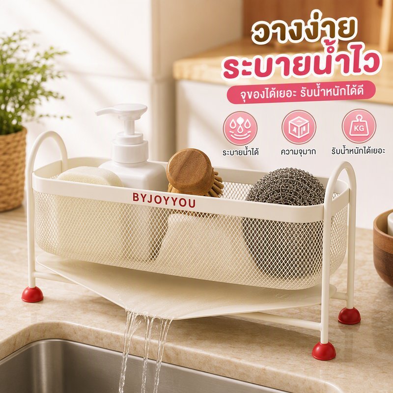 ชั้นวางของอ่างล้างจาน เหล็กตาข่าย ถาดระบายน้ำลาดเอียง กันลื่น จุเยอะ ที่วางฟองน้ำ น้ำยาล้างจาน
