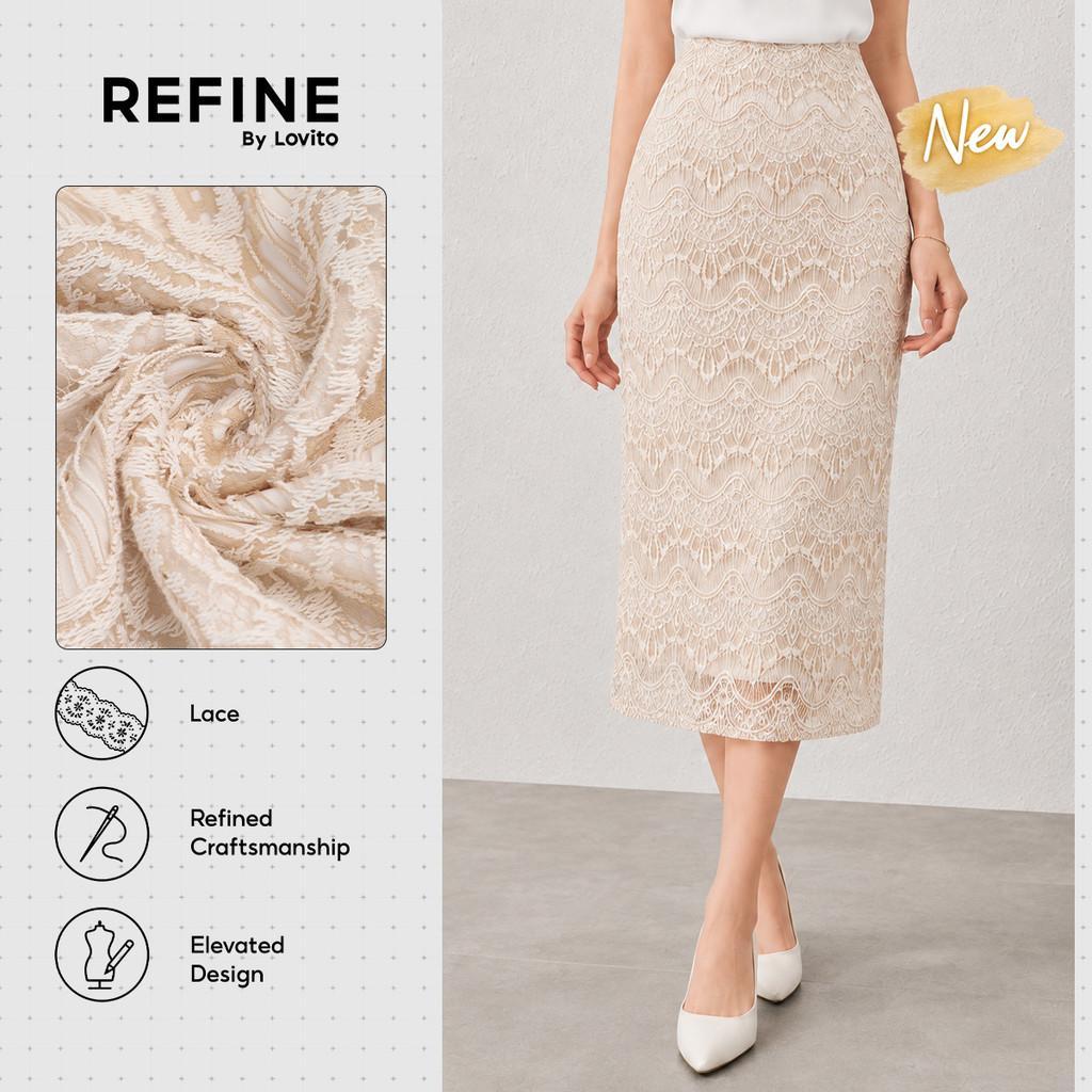 (New Arrival) (Refine by Lovito) กระโปรงผู้หญิง สีแอปริคอต ทรงเอ ลายเรขาคณิต งานลูกไม้ สไตล์เวิร์กแว