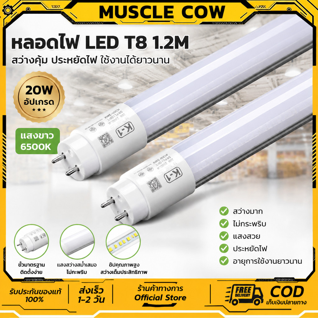 หลอดไฟนีออน LED T8 1.2 เมตร 20W แสงสีขาว สว่างชัด ประหยัดพลังงาน ห้องนอน สำนักงาน ออฟฟิต（1หลอด）