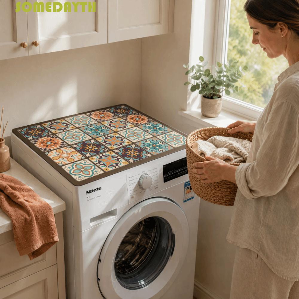 SOMEDAY Washer Top Protector Mat, Minimalist Line Bohemian Style Washer Top Pad,ตู้เย็นTop Mat Anti 