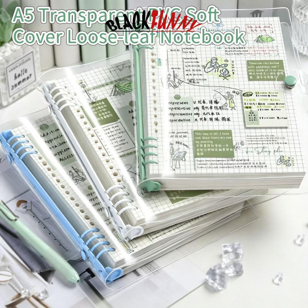 BLACKFUNNY A5 โปร่งใส PVC นุ่ม 8-แหวน Binder โน้ตบุ๊ครีฟิล 60 แผ่นหลวมกระดาษสําหรับ Office School Pl
