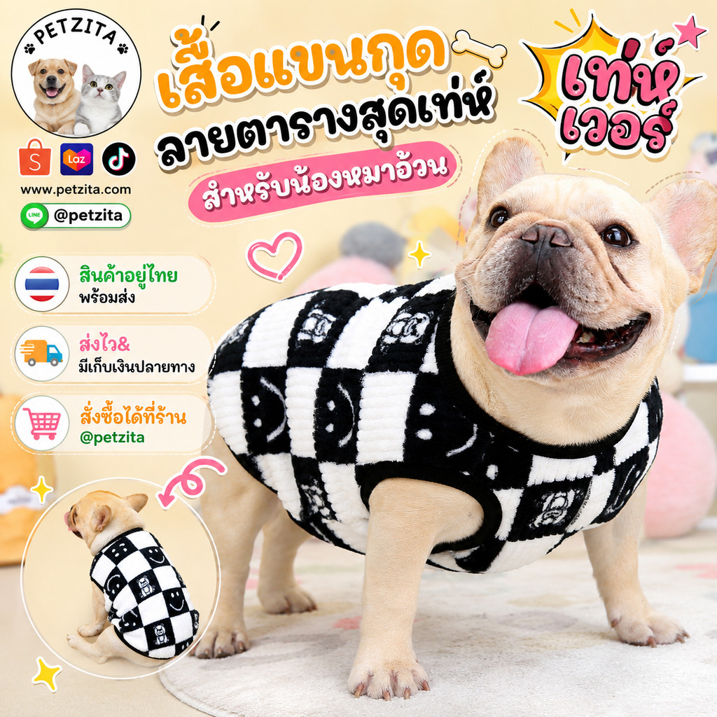 🇹🇭พร้อมส่ง🇹🇭 🟢⚫ เสื้อแขนกุดขนปุย สุดน่ารัก ผ้านิ่ม for pet สุนัข หมา แมว หมาอ้วน