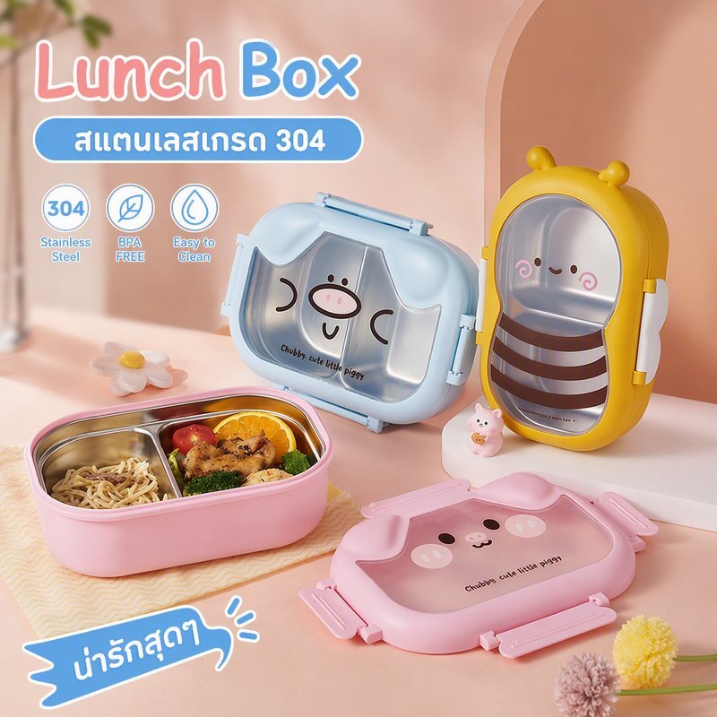 กล่องอาหาร 304 สแตนเลส สัตว์น่ารัก ความจุสูง เติมน้ำอุ่น เข้าไมโครเวฟ พกพาง่าย เหมาะนักเรียน พนักงานออฟฟิศ