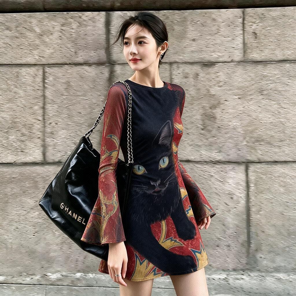 Artistic Black Cat Pattern Double-Layer Gauze Dress Retro Pattern Flared Sleeve แคบ-เอว A-Line กระโป
