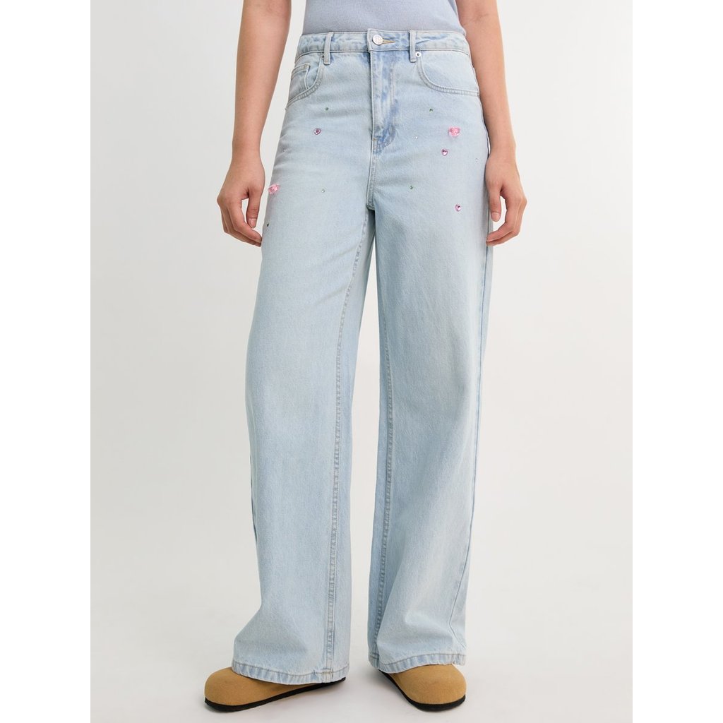 [Pomelo] กางเกงยีนส์ขายาวทรงกว้างประดับเพชร / Rhinestone Mid Waist Wide Leg Jeans
