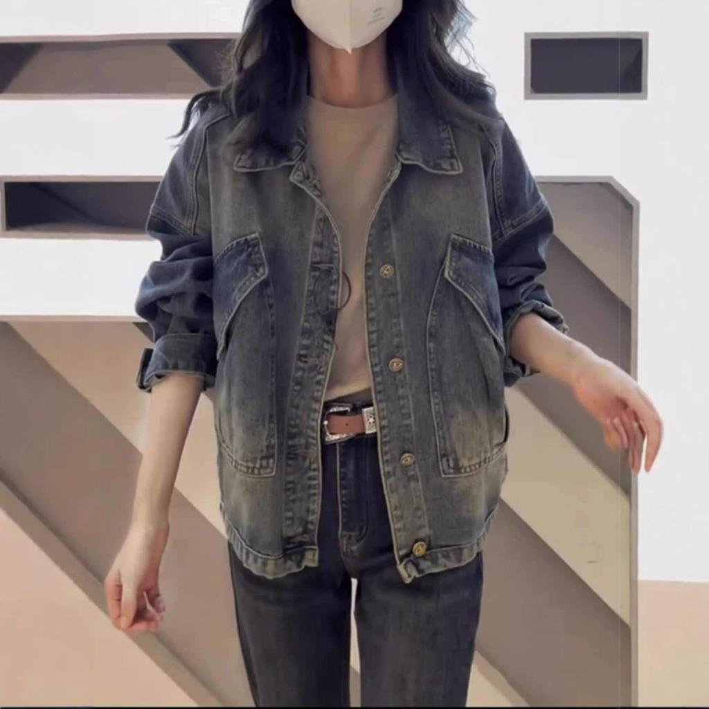 American Retro Denim Jacket ผู้หญิง 2025 ขนาดใหญ่หลวม All-Match Distressed Jacket Denim Top/8.22