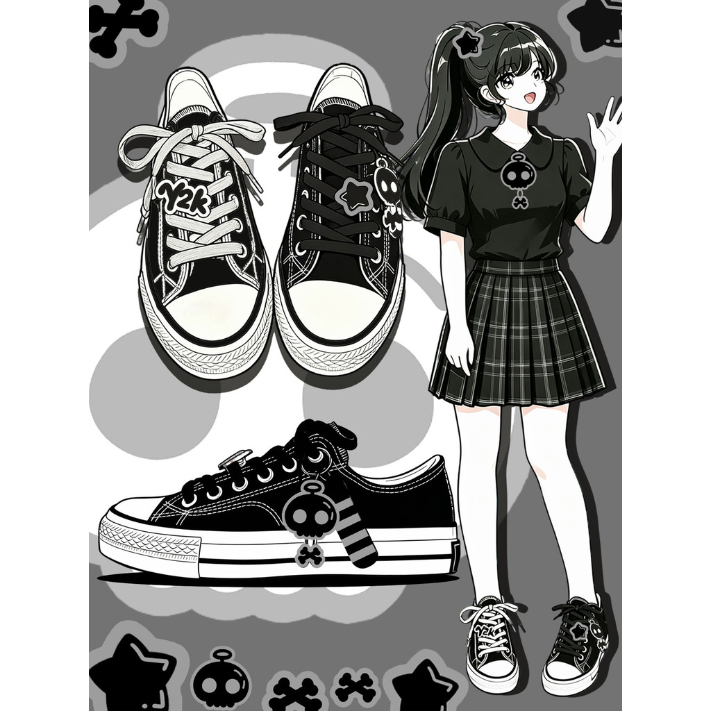 Amy และ Mai เกาหลี Niche Design Low-Top รองเท้าผ้าใบผู้หญิงสีดําคู่สไตล์ Graffiti รองเท้าผ้าใบ Flat-