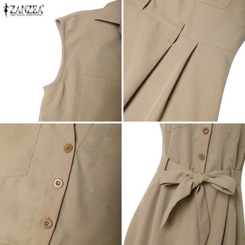 ZANZEA ชุดเดรสแขนสั้นปกแฟชั่นสตรีเกาหลีครึ่งตัว — صورة 7