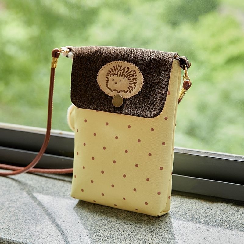 Fresh Green Dot Hedgehog Mobile Phone Messenger Bag Cute Retro Art One-Shoulder Small Bag Outing Mob