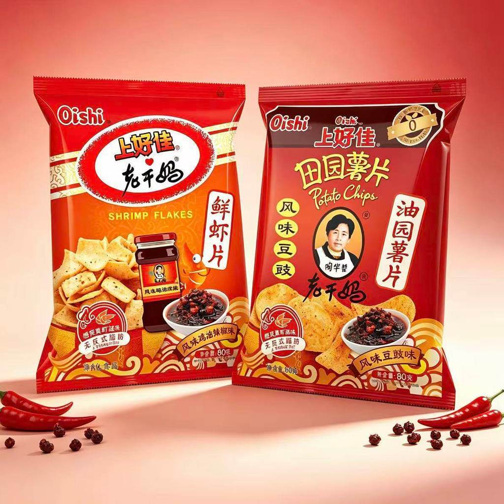 2026 รูปแบบใหม่ x Lagan Mom Co-Branded 80g รสเทมเป้|น้ํามันไก่รส รสพริก มันฝรั่งทอดกุ้ง ขนมขบเคี้ยว2