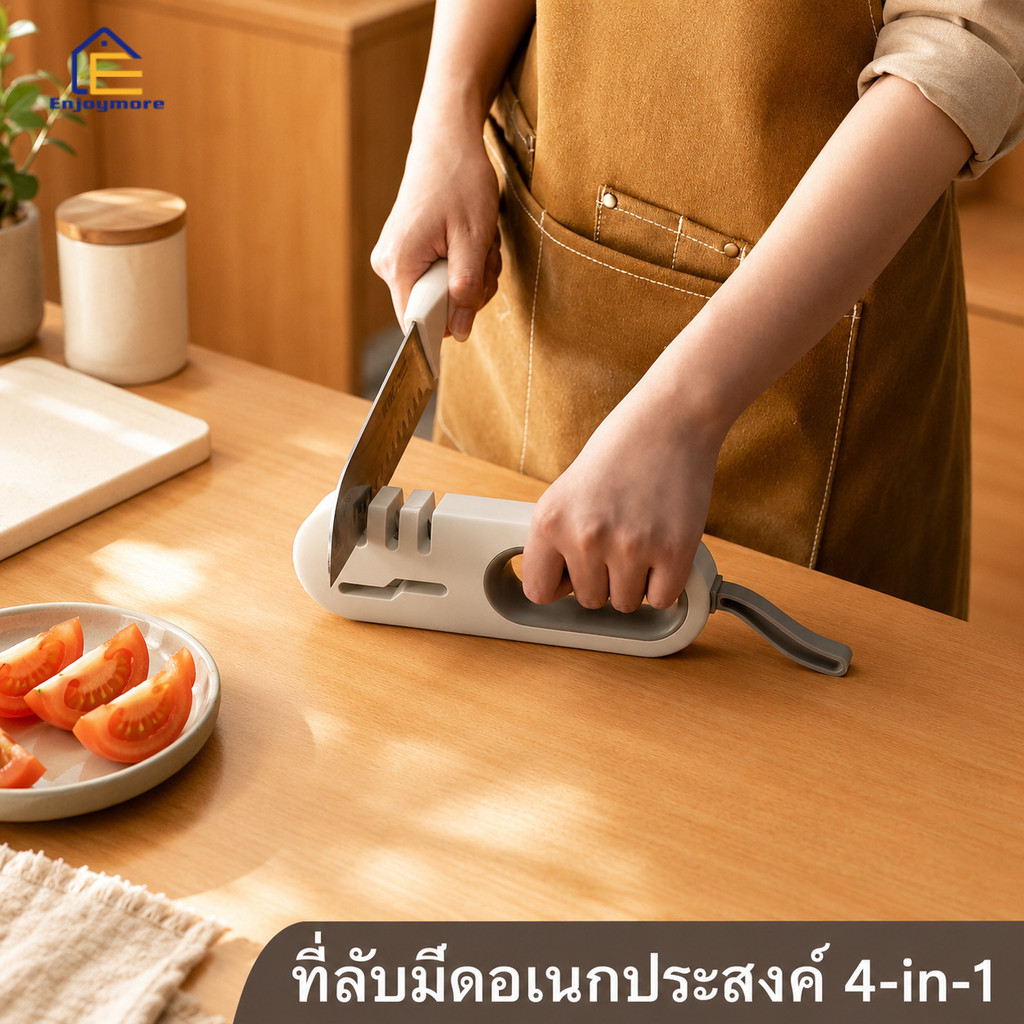Enjoymore ที่ลับมีด 4 in 1 แบบมือจับ สีเบจ อุปกรณ์ลับมีดครัว ขนาด 20.5 ซม. ใช้งานง่าย