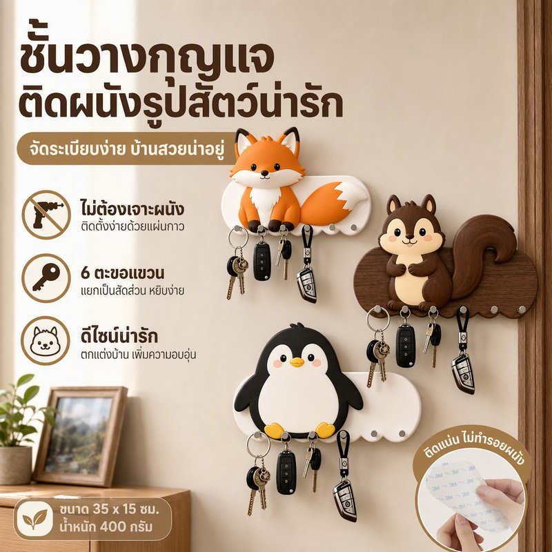 ที่แขวนกุญแจติดผนังไม่เจาะผนัง ไม้ ลายสัตว์น่ารัก 6 ตะขอ มีกาวหลัง จัดระเบียบ ตกแต่งบ้าน ติดประตูทางเข้า
