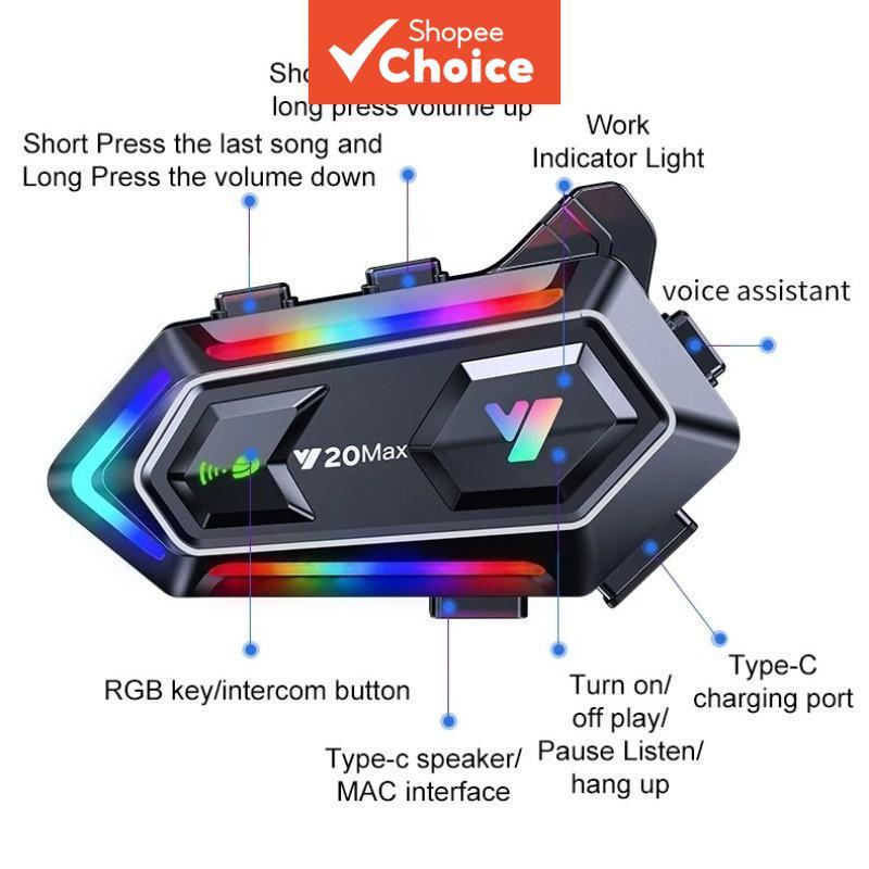 Y20 MAX บลูทูธอินเตอร์คอมกันน้ําระบบไฟ RGB V5.3 ความจุแบตเตอรี่ 1000mAh สําหรับหมวกกันน็อคมอเตอร์ไซค