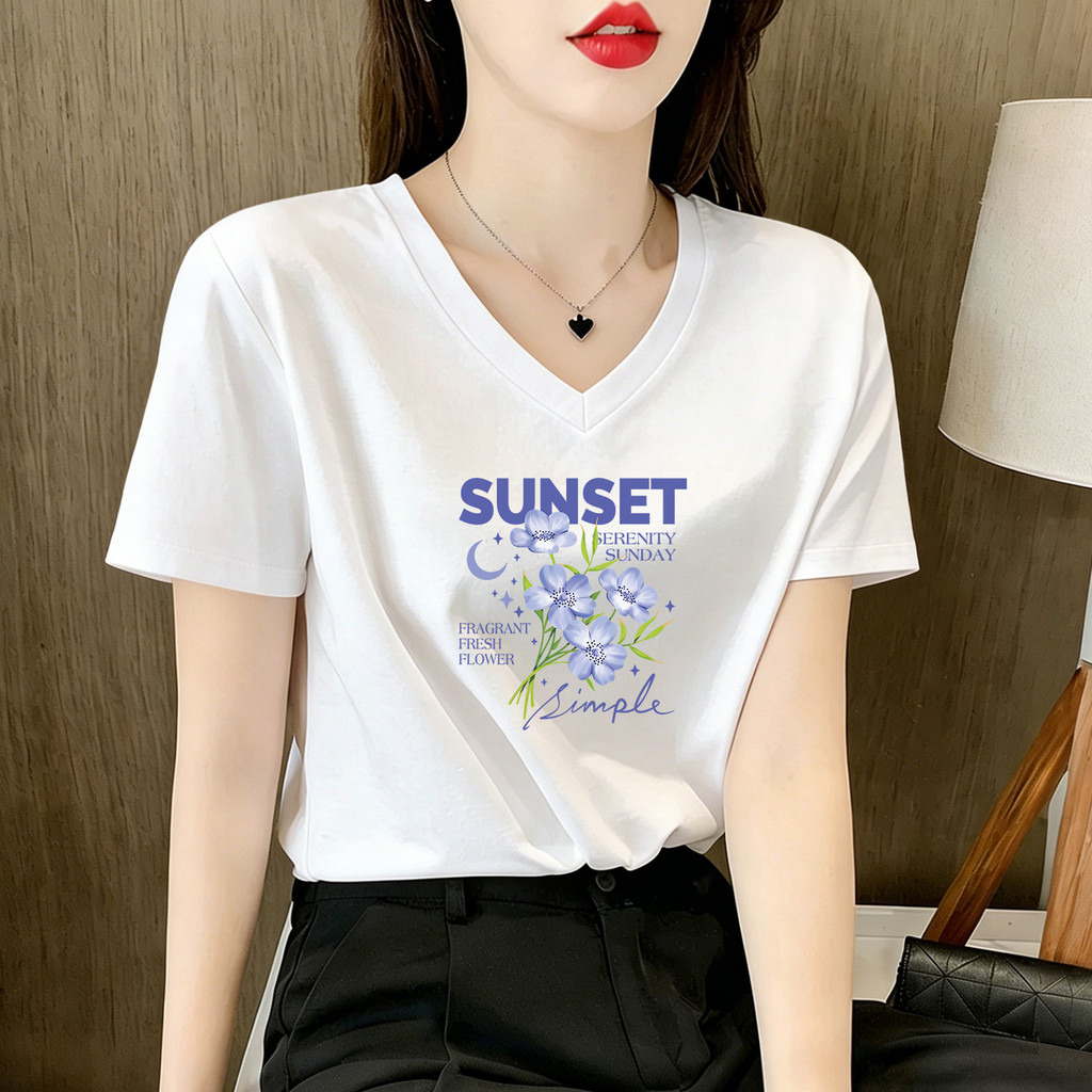สีขาวฤดูร้อน Low-Reduction แขนสั้น v-Looking ผู้หญิงบางเสื้อสไตล์ใหม่หลวมอายุ t เสื้อคอแฟชั่นคอปกเนื