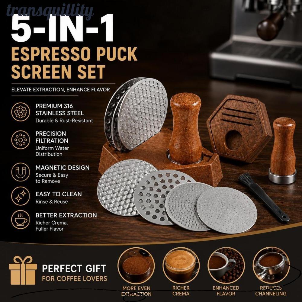TRANSQUILLITY Coffee Puck Screen Set, Sapele Wood Stand Dual Puck Screens Espresso Puck Screen Kit, 
