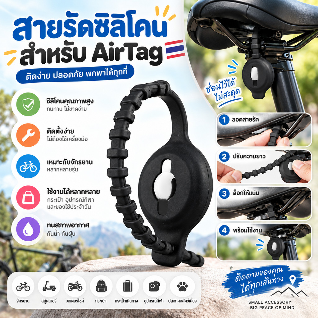 ที่ยึดซ่อนจักรยานสําหรับ Airtag, ตัวติดตาม GPS สําหรับจักรยาน Airtag ที่วางจักรยานซ่อนสีดําทนทานสําห