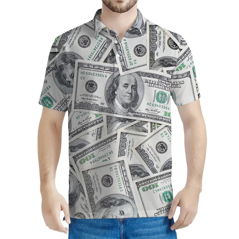 Cool 3D พิมพ์ US Dollar เสื้อโปโลสําหรับชายฤดูร้อนแขนสั้น ... Casual Streetwear ปุ่มขนาดใหญ่เสื้อโปโ