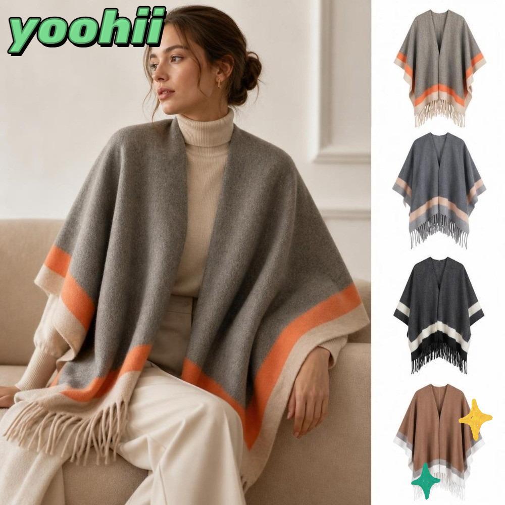 YOOHII เปิดด้านหน้า Cape Shawl, WARM ขนาดใหญ่ลาย Border Poncho, แฟชั่นขอบสบายนุ่ม WARM Wool Cape Coa
