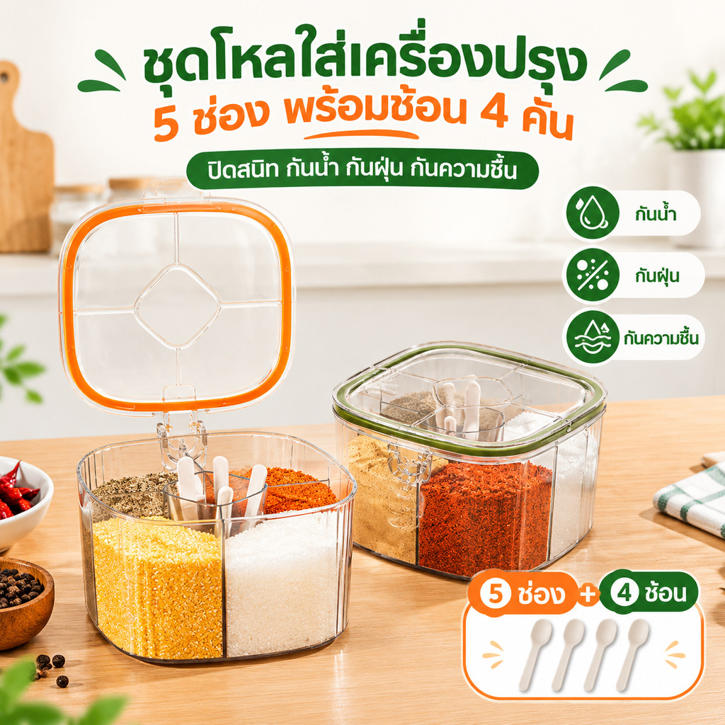 กล่องใส่เครื่องปรุง 5 ช่อง วัสดุPET+ซิลิโคน กันความชื้น ฝาถอดซักได้ มีช้อนตัก มี2สีเลือก สำหรับเก็บเกลือน้ำตาลเครื่องเทศ