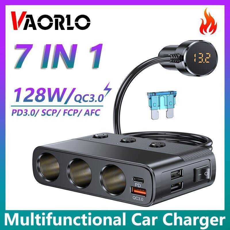 7 in 1 Car Charger Adapter 3 Splitter 3 USB with PD30W/QC 3.0 Charging (1M Cable) 128W 12V/24V