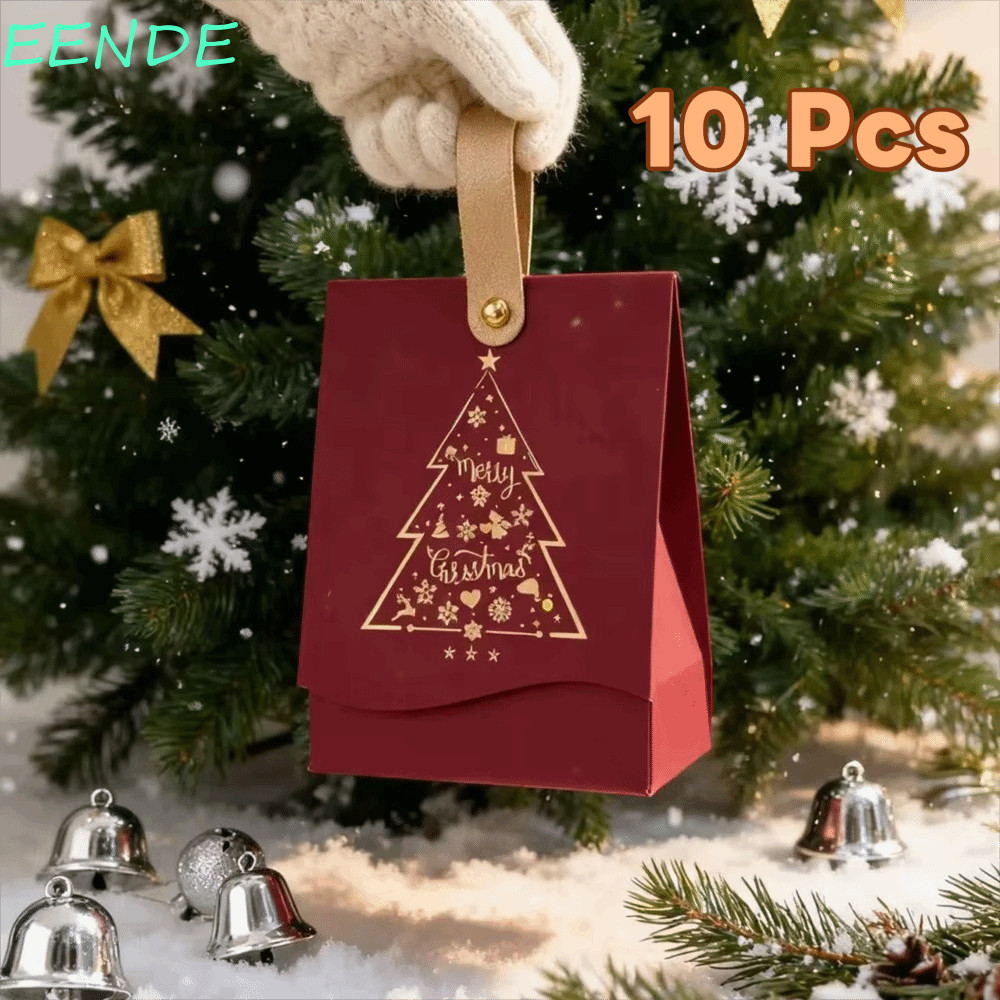 EENDE 10 ชิ้น Merry Christmas Candy Gift Box, with Leather Handles Square Christmas Party Gift Packa