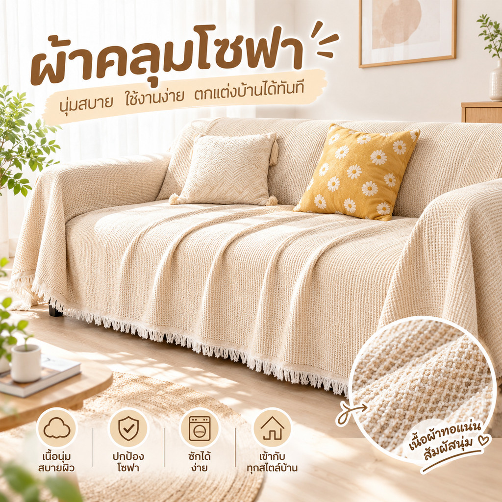 ผ้าคลุมโซฟา ผ้าคลุมฟอร์นิเจอร์ 1/2/3/4ที่นั่ง สไตล์นอร์ดิก กันฝุ่น กันลื่น ใช้ได้หลากหลาย
